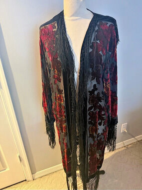 Velvet Burnout Long open Kimono Red Floral and Fringe one size